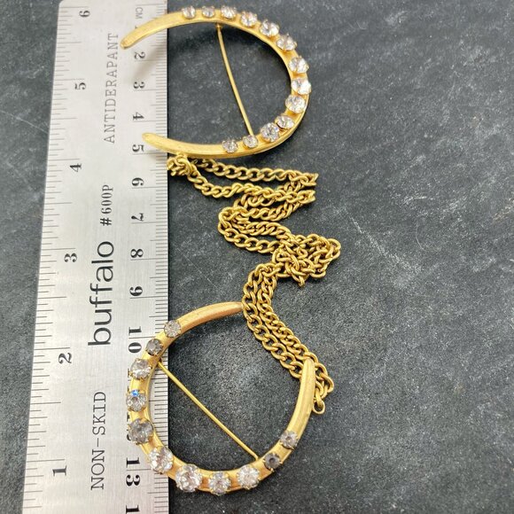 ANTIQUE Gold tone metal grey rhinestone crescent moon chain brooch ~ Vintage pin - Picture 2 of 9